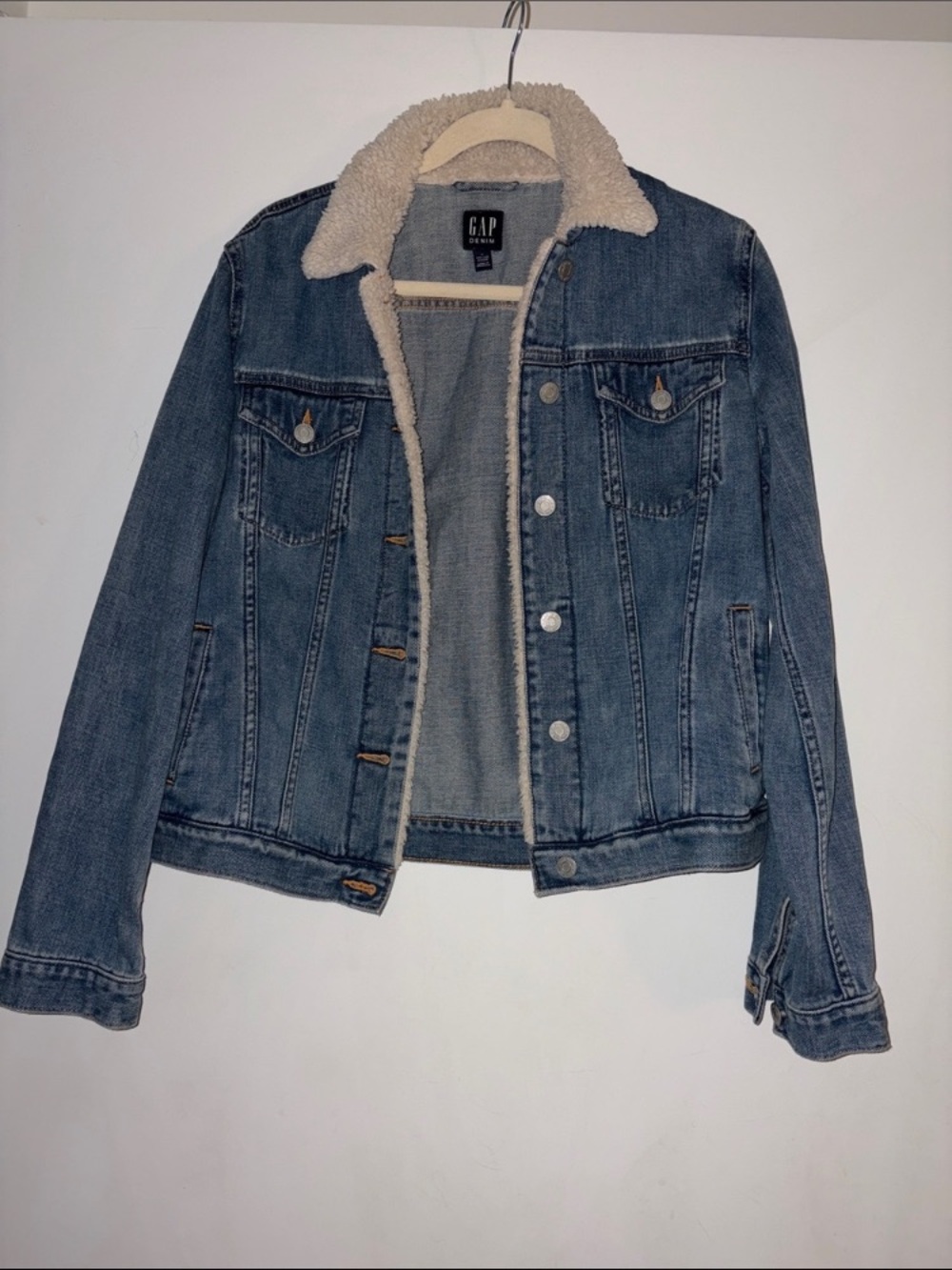 GAP Blue Denim Jacket with Cream Sherpa Collar